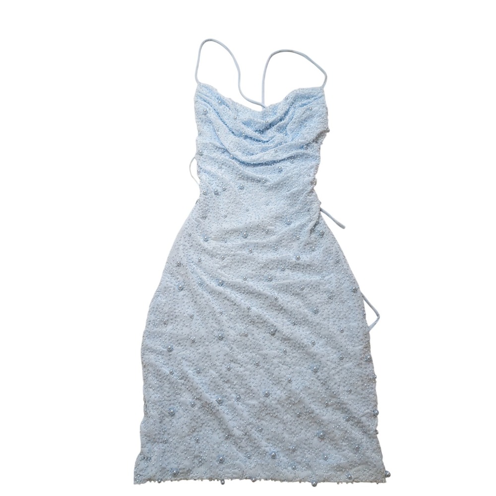 Windsor Kiera Light Blue Pearl Beaded Cowl Neck Lace Up Back Mini Dress XS